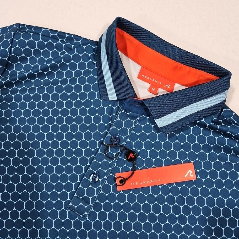 Redvanly Polo Shirt Mens M Admiral Blue Honeycomb‎ Wells Stretch Golf Geometric
